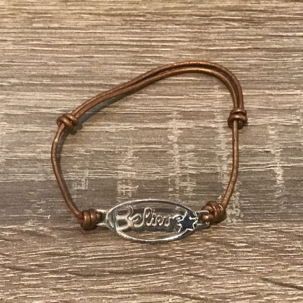 Signed LA Sterling Silver & Brown Leather Believe Inspo Bracelet Adjustable